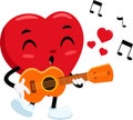 Cute Red Heart Retro Cartoon Character Playing A Guitar And Singing