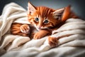 Cute red kitten beautiful eyes sit on the bed with a white blanket Generated Ai