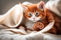 Cute red and white cat with a white blanket Generated Ai