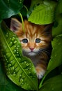 Cute red kitten hiding from the rain under the leaves. AI generated