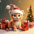 cute red kitten in a Santa hat sits next to beautifully packed boxes