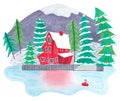 Cute Red lakehouse in mountain forest. Royalty Free Stock Photo