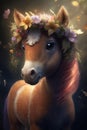 Cute red little horse , in a floral wreath on his head