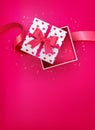 Cute red love heart pattern opened gift box and ribbon