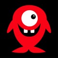 Cute red monster icon. Happy Halloween. Cartoon colorful scary funny character. One fish eye, tooth. Funny baby collection. Black