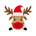 Cute red-nosed reindeer with Santa hat and face mask . Deer face. Vector illustration