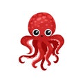 Cute red octopus with big shiny eyes. Soft-bodied mollusk with seven tentacles. Sea and ocean theme. Flat vector icon