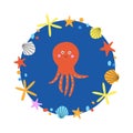 Cute red octopus in frame on blue background vector Royalty Free Stock Photo