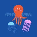 Cute red octopus and pink blue jellyfish vector Royalty Free Stock Photo