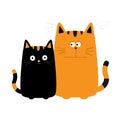 Cute red orange cartoon cat boy and black kitty girl. Big mustache whisker. Funny Royalty Free Stock Photo