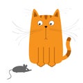 Cute red orange cartoon cat looking at mouse. Big mustache whisker. Funny character. Flat design. White background. Isolated Royalty Free Stock Photo