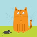 Cute red orange cartoon cat looking at mouse. Big mustache whisker. Funny character. Sky and grass. Flat design.