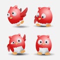 Cute red owl. Toy for the bathroom. A collection of emotions of a cute round owlet with red feathers. Vector