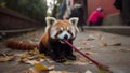 A cute red panda with a bamboo stick on the city street in autumn time. generative ai. Royalty Free Stock Photo