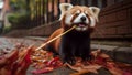 A cute red panda with a bamboo stick on the city street in autumn time. generative ai. Royalty Free Stock Photo