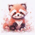 Cute red panda with cherry flowers. Watercolor painting for print. Square nursery artwork for kids room