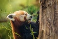 cute Red panda walking tree closeup and looking eyes