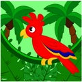 A cute red parrot sits on a liana in a tropical forest