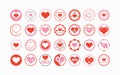 Cute red and pink isolated pointy heart shape symbols circle assorted emblem stamps icons set design elements on white