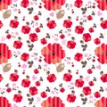 Cute red poppy flowers, pink primrose and little hearts isolated on white background. Seamless print for fabric