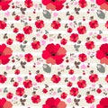 Cute red poppy flowers, pink primrose and little hearts on white and light green striped background. Seamless print for fabric