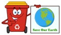 Cute Red Recycle Bin Cartoon Mascot Character Holding A Save Our Earth Sign Royalty Free Stock Photo