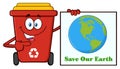 Cute Red Recycle Bin Cartoon Mascot Character Holding A Save Our Earth Sign. Royalty Free Stock Photo