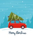 Cute Red Retro Car With Christmas Tree On The Roof. Merry Christmas And Happy New Year Greeting Card, Postcard, Poster, Banner,