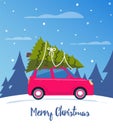 Cute red retro car with christmas tree on the roof. Merry christmas and happy new year greeting card, postcard, poster, banner, Royalty Free Stock Photo