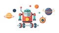 A Cute Red Robot on Wheels Exploring Outer Space with Planets, vector design Generative AI Royalty Free Stock Photo