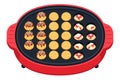 A cute red and round hot plate with lots of delicious takoyaki.