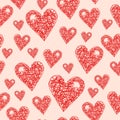 Cute red scribbled hearts vector seamless pattern with pink background.