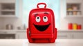 Cute red smiling backpack blurred kitchen background. School lunch box. Back to school concept. Generative Ai Royalty Free Stock Photo