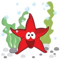 Cute red smiling sea star with shiny eyes on under the sea background. Royalty Free Stock Photo