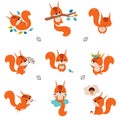 Cute Red Squirrel Dancing and Swinging on Tree Branch Vector Set Royalty Free Stock Photo