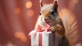 Cute red squirrel with gift box on blurred lights bokeh background