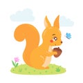 Cute red squirrel holding an acorn in hand drawn cartoon style. Funny animal with nut, clouds, butterfly, flower. Royalty Free Stock Photo