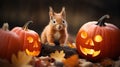 Cute red squirrel with pumpkins jack-o-lantern on autumn leaves background