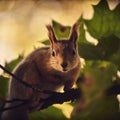 Red-haired cute squirrel gnaws a nut on a tree branch in the autumn forest Royalty Free Stock Photo