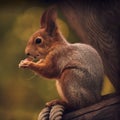 Red-haired cute squirrel gnaws a nut on a tree branch in the autumn forest Royalty Free Stock Photo