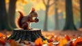A cute red squirrel on a tree stump in autumnal woods, holding a nut. Generative AI Royalty Free Stock Photo