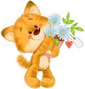 The cute red striped kitten with flower pot, flowers, heart tag, greeting card illustration Royalty Free Stock Photo
