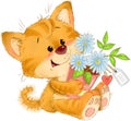 The cute red striped kitten with flower pot, flowers, heart tag, greeting card illustration Royalty Free Stock Photo