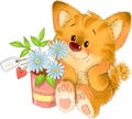 The cute red striped kitten with flower pot, flowers, heart tag, greeting card illustration Royalty Free Stock Photo