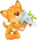 The cute red striped kitten with flower pot, flowers, heart tag, greeting card illustration Royalty Free Stock Photo