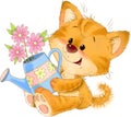 The cute red striped kitten with watering can, flower, greeting card illustration Royalty Free Stock Photo