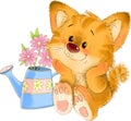 The cute red striped kitten with watering can, flower, greeting card illustration Royalty Free Stock Photo