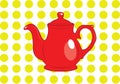 Cute Red Tea Pot On Yellow Polka Dot Background