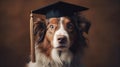 Cute red white dog Border Collie student in academic cap with brown tassel Mortarboard Study and education concept generative AI Royalty Free Stock Photo