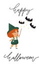 Cute redhead baby witch with magic wand vector postcard